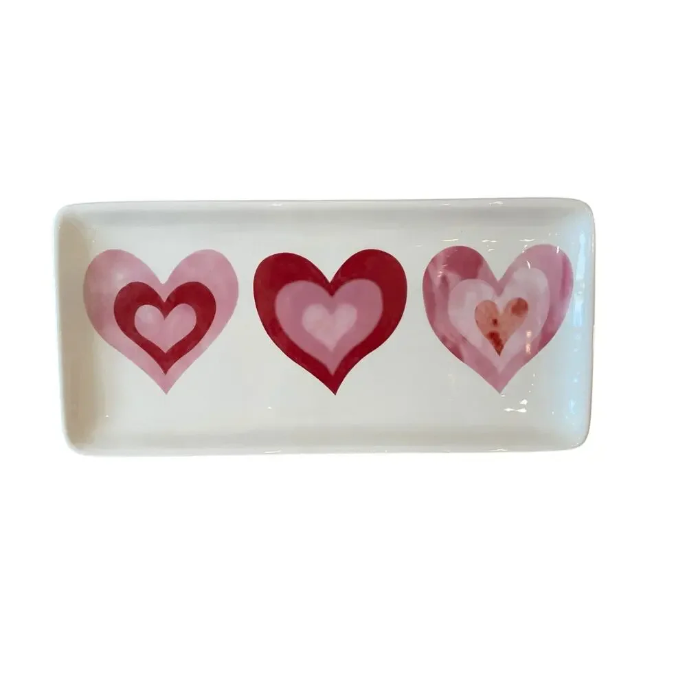 MAXCERA Hearts Serving Platter 5x11 Ceramic Pink Red Valentines Day Decor NEW